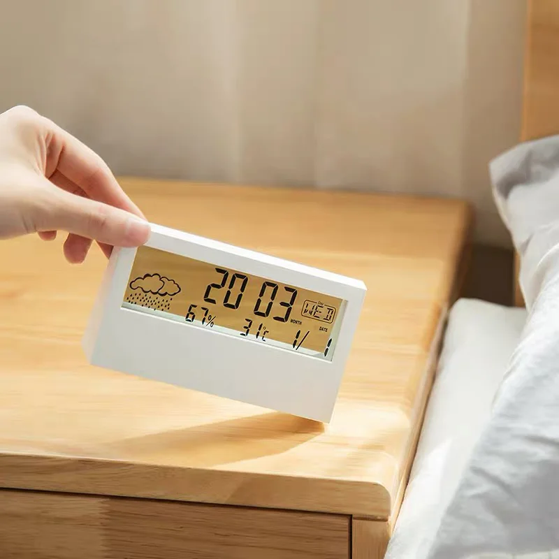 

Dropshipping LCD alarm clock Silent Smart Weather Electronic Clock Calendar Desktop Transparent Student Digital Alarm Clock, White