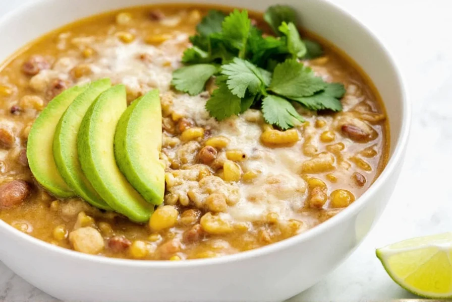 Finished white chicken chili served in bowl with toppings including avocado slices, cilantro, and lime wedges