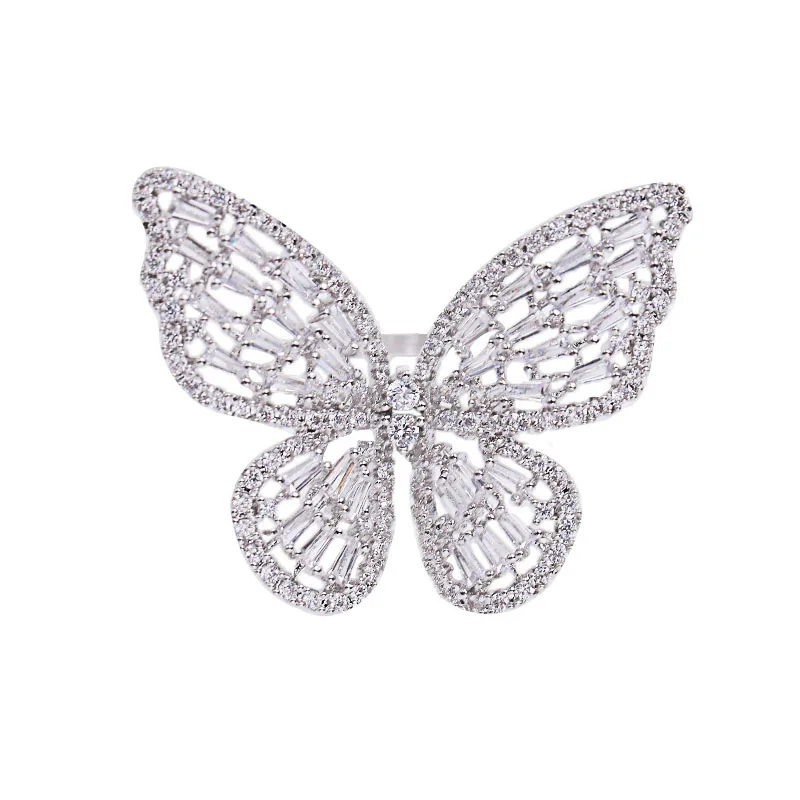 

High Quality Wholesale Iced Out Pink Mirco Pave CZ Butterfly Rings Adjustable 100% S925 Sterling Silver Butterfly Ring For Gifts