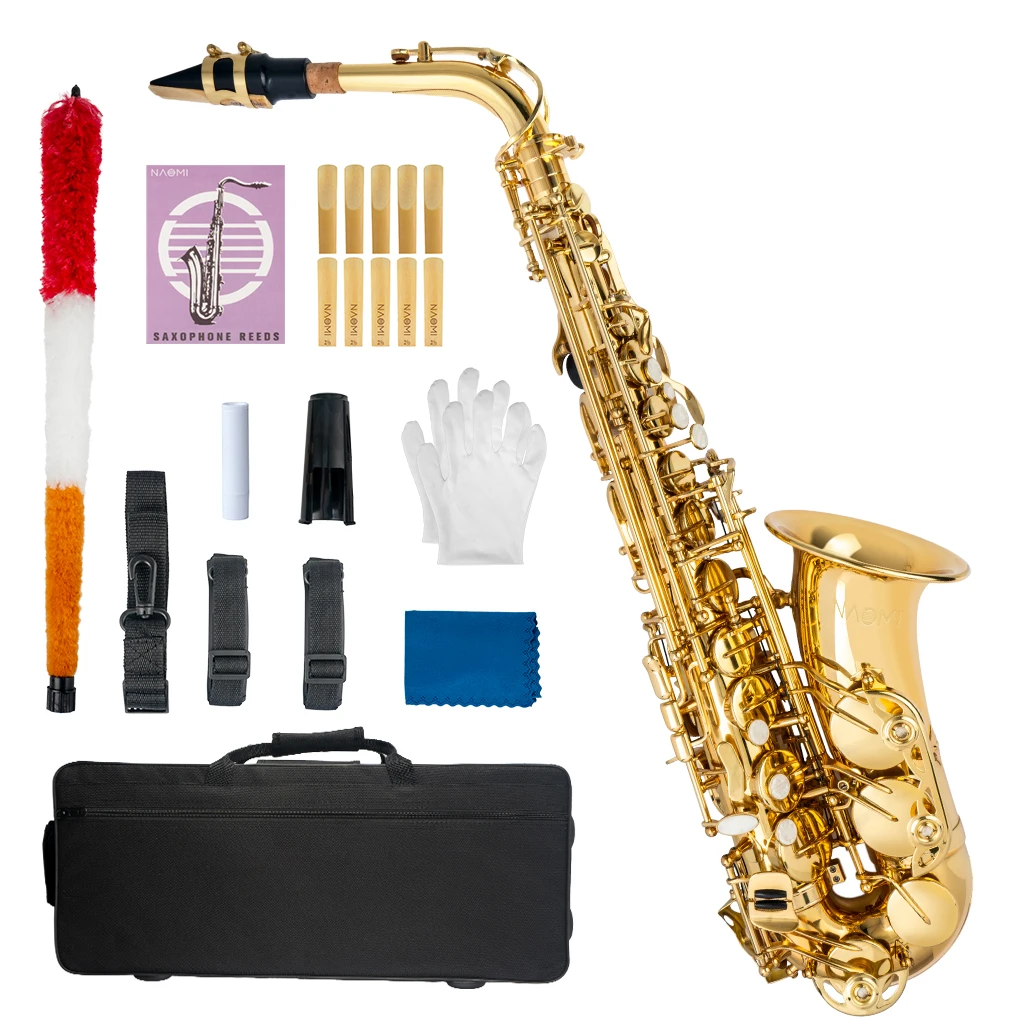 

NAOMI Professional Eb Alto Saxophone Brass Gold Lacquer E-flat Sax with Case Accessories Mouthpiece Cleaning Brush Cloth Gloves