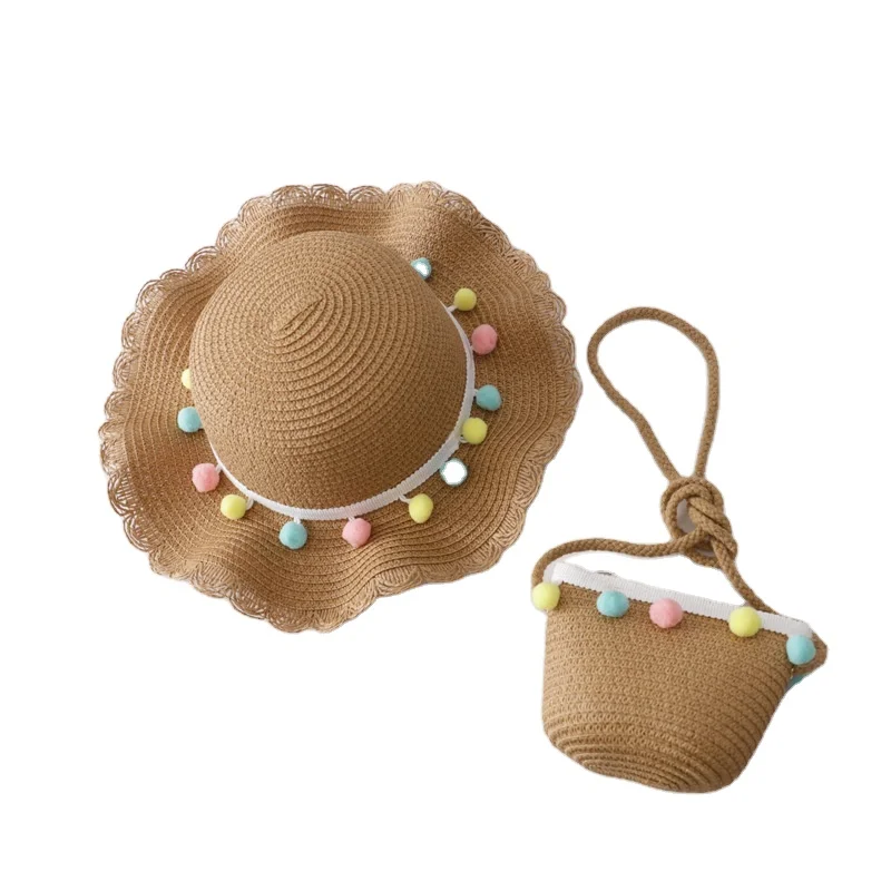 

Wholesale Cheap Infant Girls Fashion Accessory Summer Beach Rainbow Pom pom Straw Hats Handbags Set, Solid,