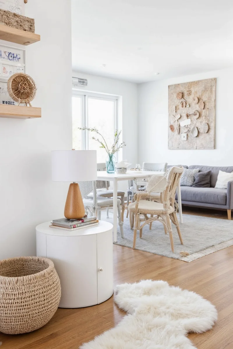 Modern living room with white walls and wooden furniture