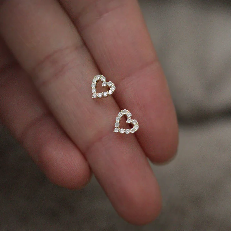 

Tiny 14K gold 925 Sterling Silver diamond CZ heart stud earrings for women girls