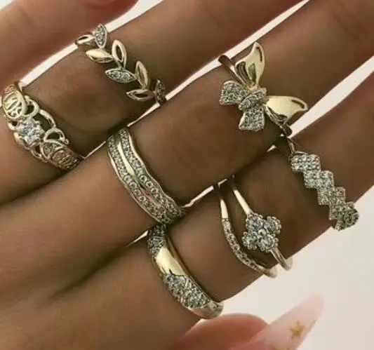 

2020 Popular Gold Plated Butterfly Crystal Rings Set Leaf Shape Finger Nail Rings for Women Jewelry