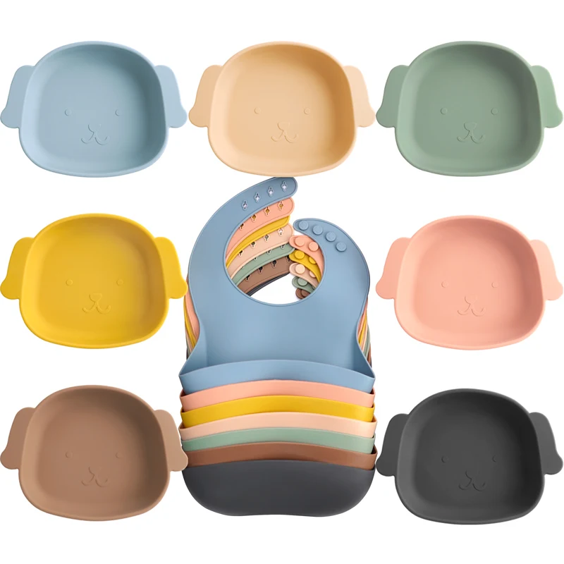 

Bebe new silicone baby plate set with Amazon wholesale baby waterproof silicone bib and cute silicone bowl for a gift set, Customized color