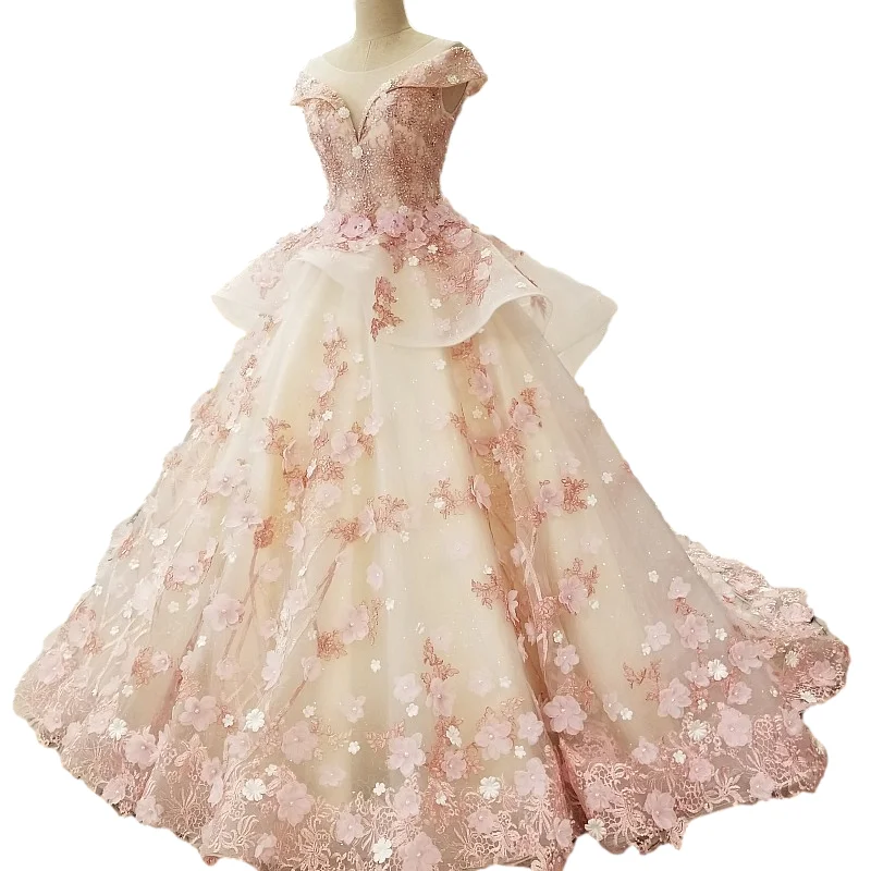 

Pink princess bride one shoulder Korean slim wedding toast dress wedding evening dress, Picture