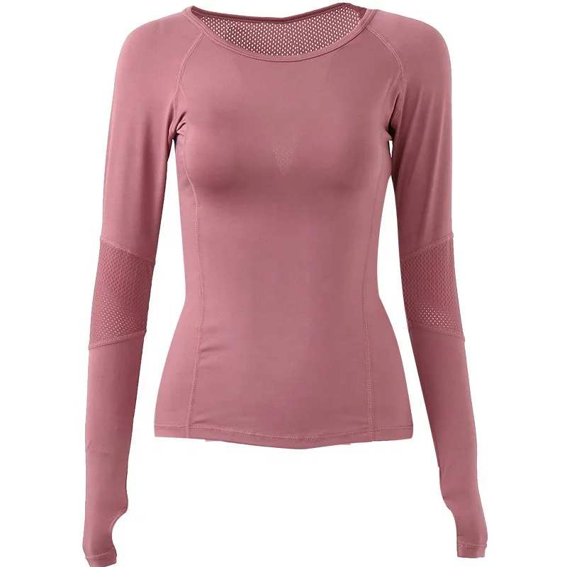 

Custom Sheer Open Back Mesh Workout Sports Wearable Yoga Women Breathable Gym Long Sleeve Shirt Top, 3 colors