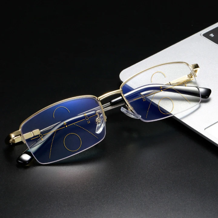 

Multifocal Reading Glasses Metal Progressive Bifocal Anti Blue Ray Half Frame Men Women