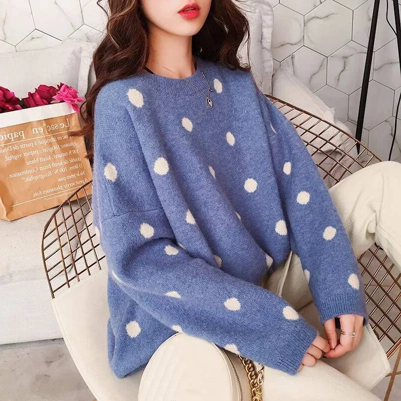 

Autumn/winter 2020 lazy round neck new loose Korean polka dot knit ladies sweater