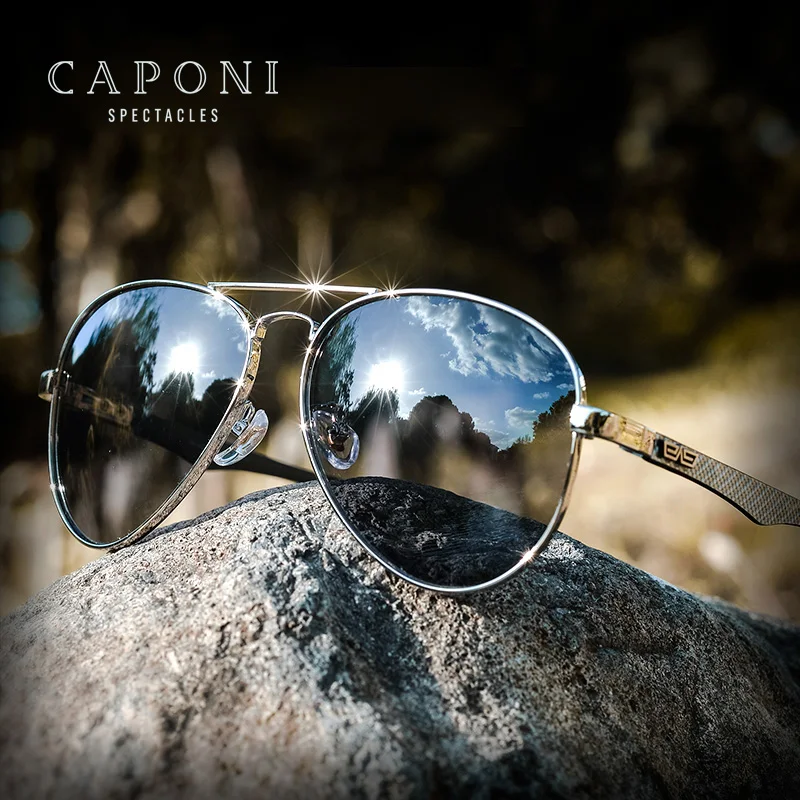 

CAPONI Classic Retro Pilot Designer Carbon Fiber Frame Sunglasses With Double Bridge Nylon Polarized Lens Gafas de sol, 2 colors
