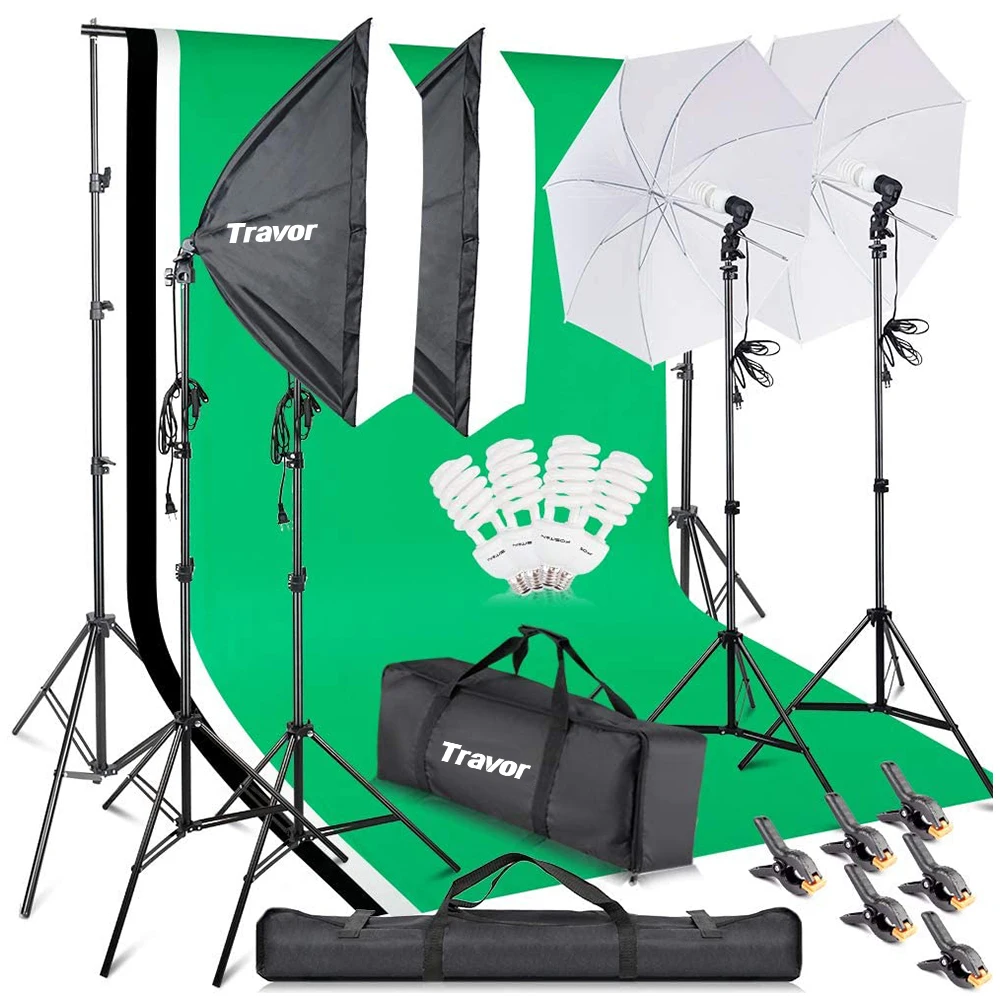 

Travor photo lighting studio backdrop stand kit photography softbox lighting kits 45w 5500k umbrella soft box with 2m Tripod