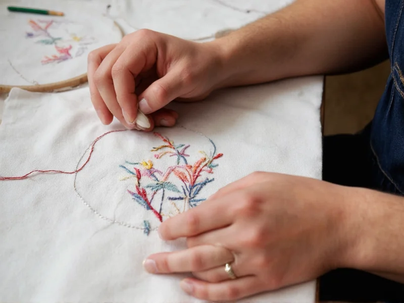Hands demonstrating embroidery technique in downtown studio