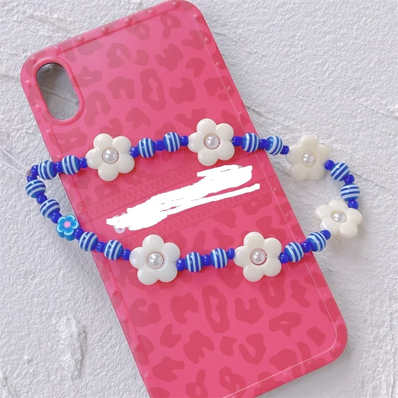

INS Flower White Pearl Blue Resin Striped Beads Anti-Lost Phone Chain Straps