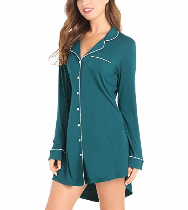 

Wholesale Women Elegant Button Night dress Night shirt Pajama, Customized