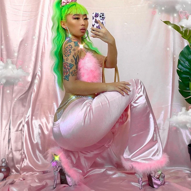 

Lygens Wholesale 2021 Spring Women Fashion Bell Bottom Pants Cute Girl'S Streetwear Clothes Flare Feather Fur Trousers, Customized colors