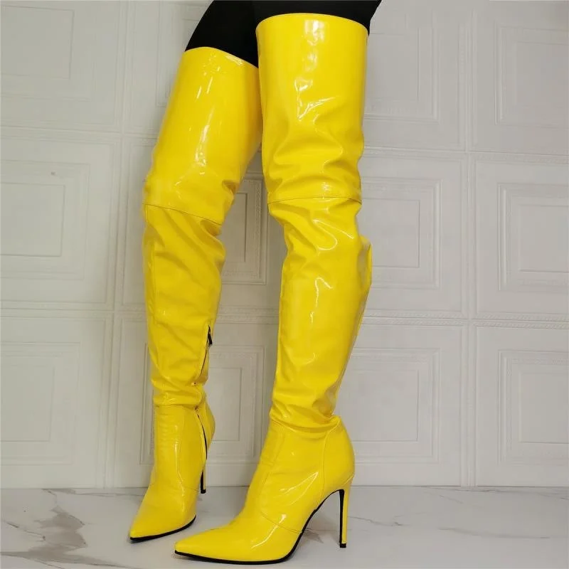 

Large Size 47 Reflective Upper Side Zip Women Over Knee High Boots High Top Stiletto Lady Pointed Toe Thigh High Long Booties, Yellow