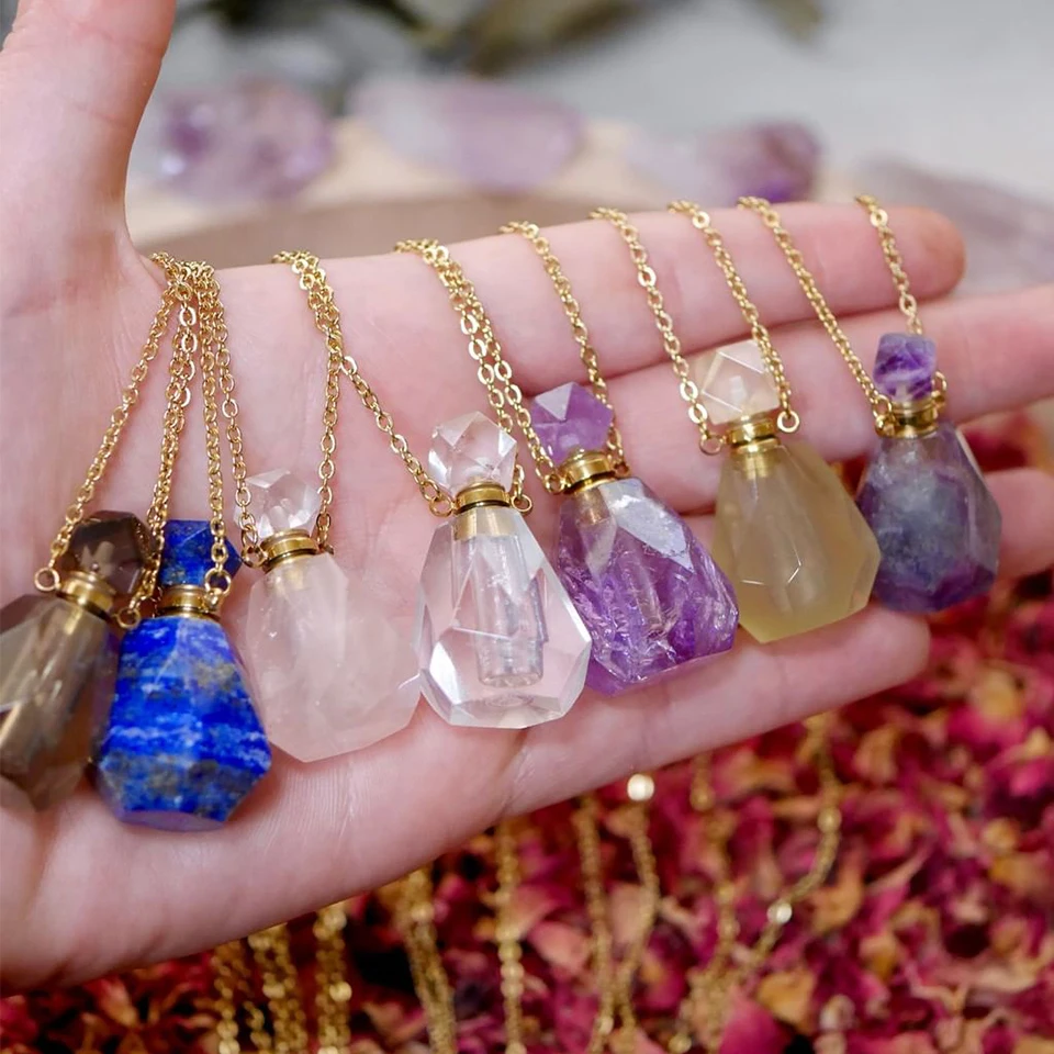 

Fashion Jewelry Charm Necklace Stainless Steel Chain Gem Stone Perfume Bottle Necklace Pendant with Dropper