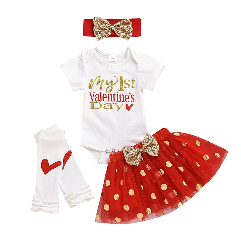 

Short sleeves valentines day clothes 4 pcs baby set baby girl outfit, As picture shown