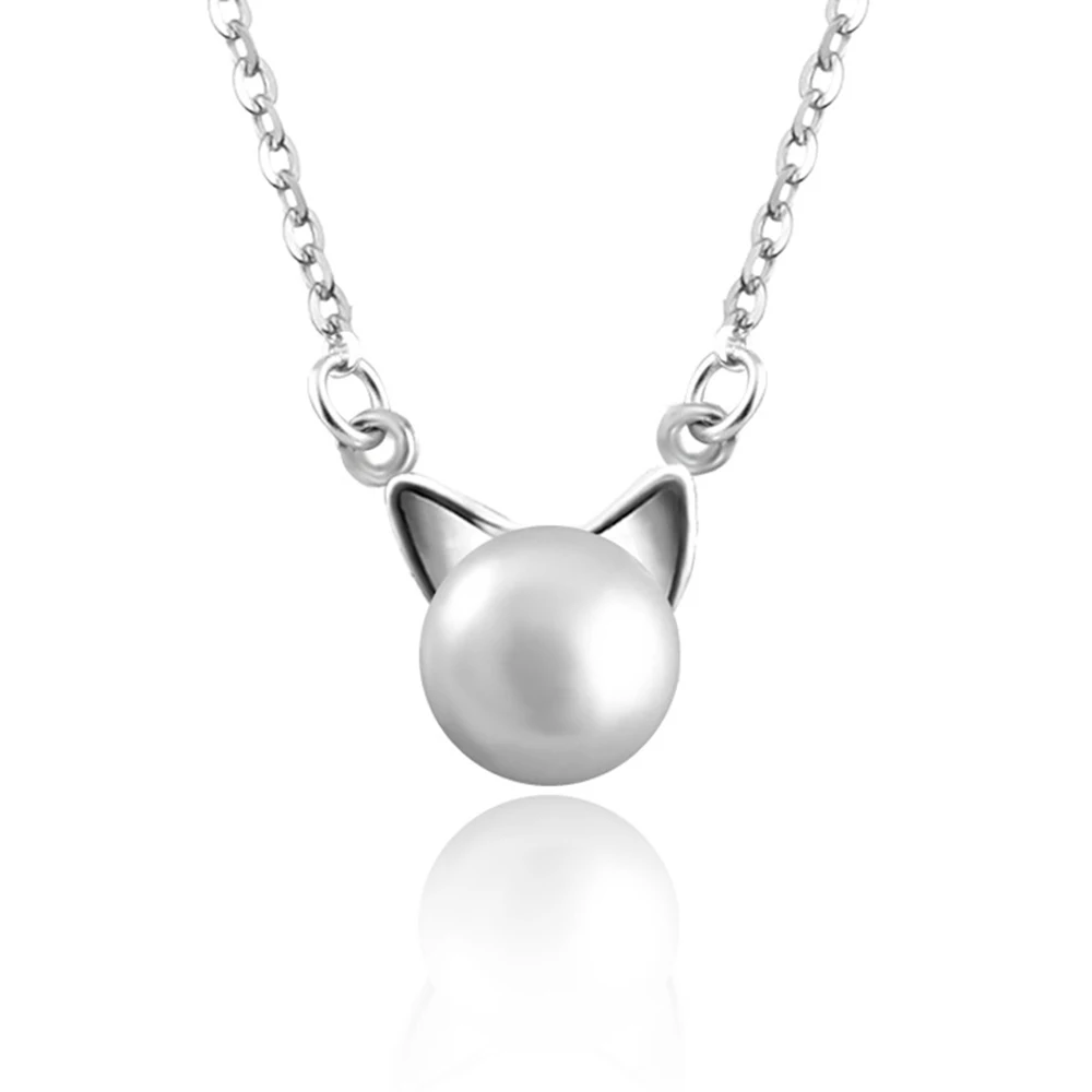 

HPXmas Latest Style Cute Pure Silver Cat Ears Animal Shaped Natural Freshwater Pearl Pendant Necklace For Girls