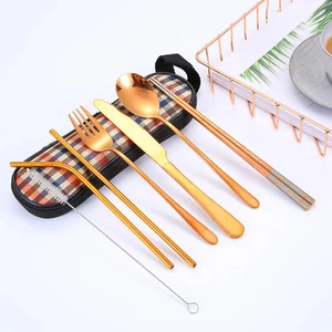 Image of stainless steel rose gold cheap cutlery hiking travel set with metal straw