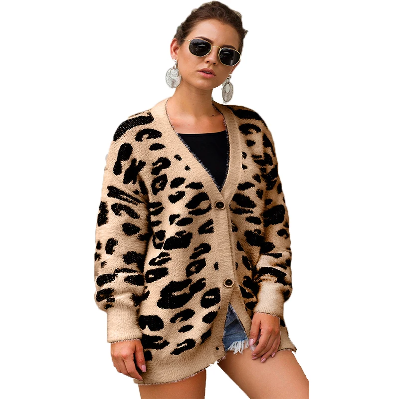 

wholesale Autumn and winter women's sweater six-color leopard print long-sleeved cardigan knit sweater