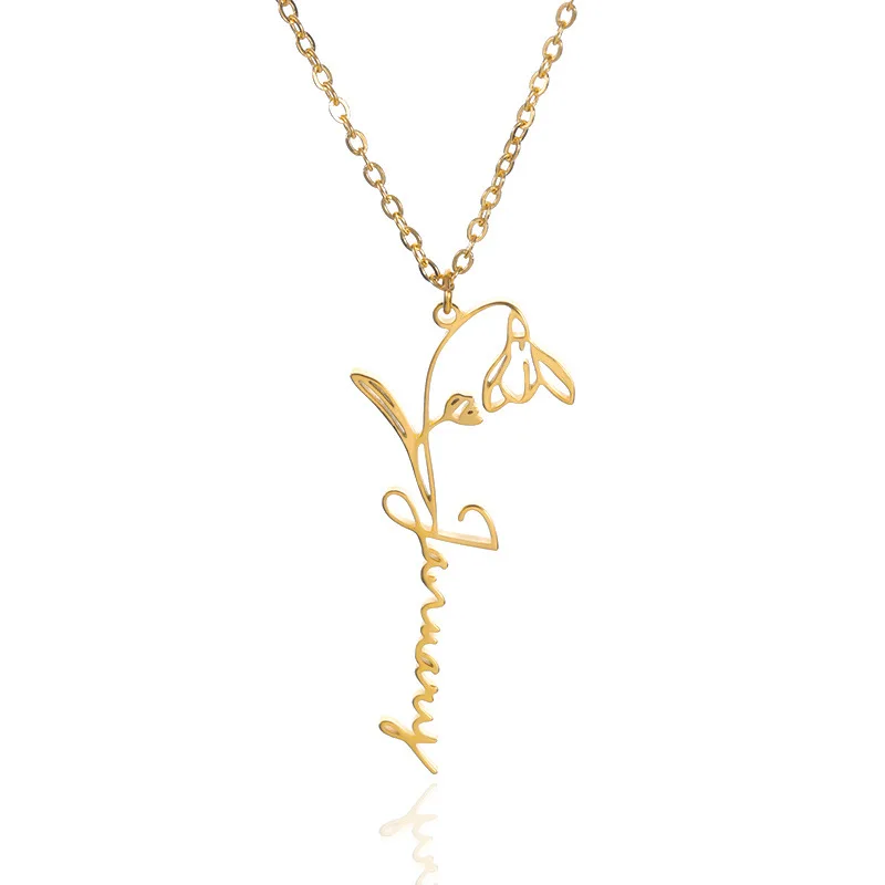 

Trendy Women Ladies Jewelry Gold Script letter Custom flower birth Month January March June Necklace Birthday Gift