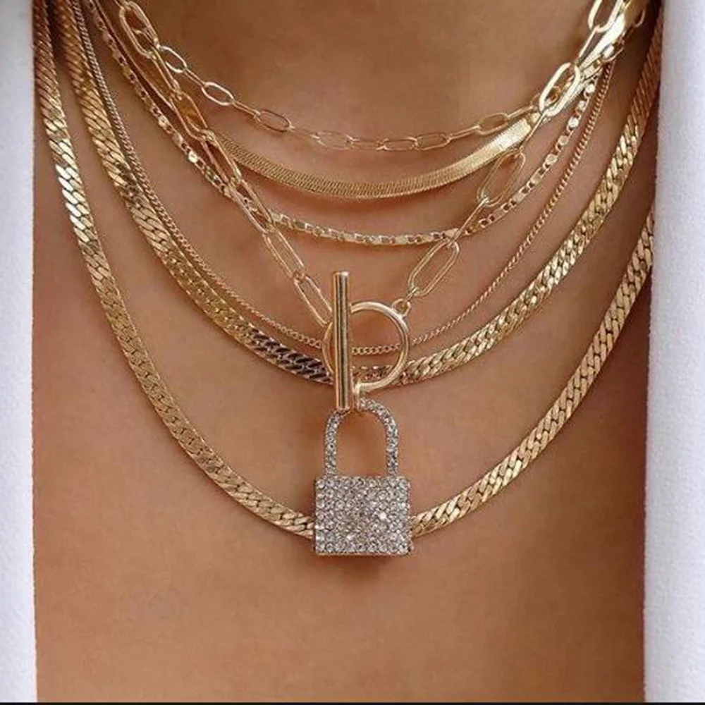 

Amazon Hot Selling Europe And American Popular Gold Plated Diamond Lock Alloy Multilayer Necklace Women, As photo