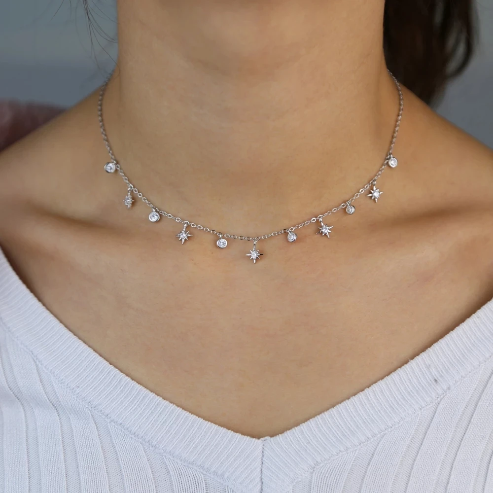 

18K Gold Plated Jewelry Sets Brass Necklace Chain Cz Gold Silver Star Pendant Necklace With Charm Choker