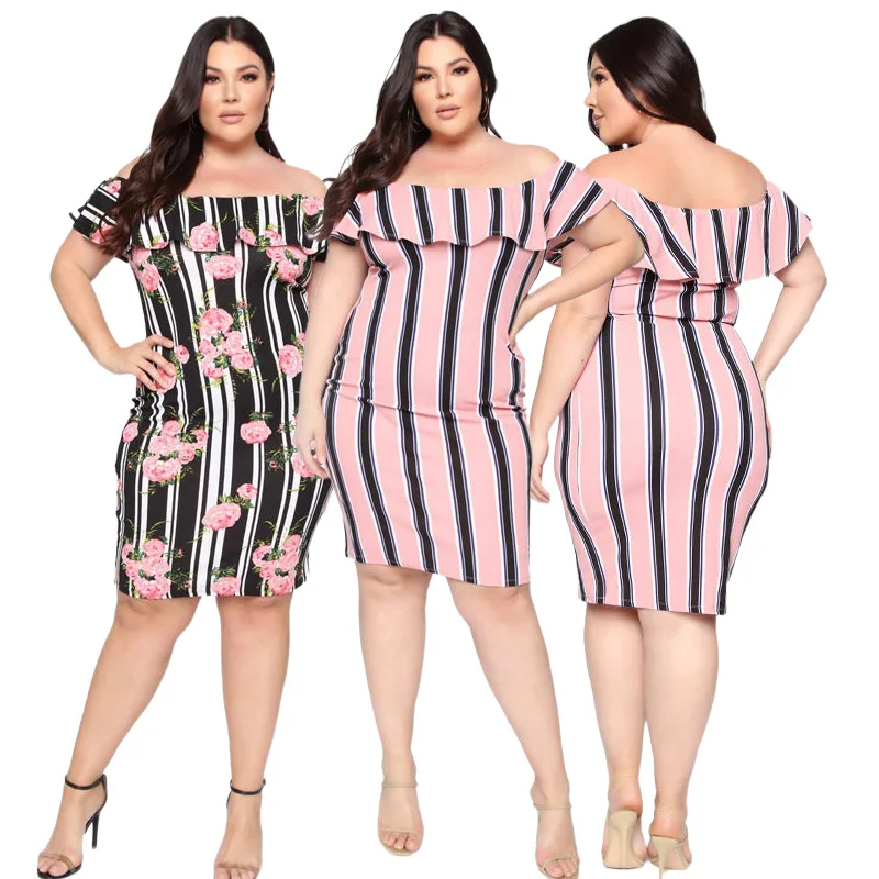 

Wholesale Printed Fresh Summer Striped Plus Size Short Lady Ruffle Bodycon Off Shoulder Dress