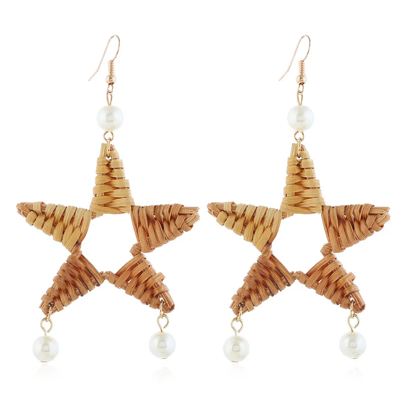 

Bohemian Bamboo Straw Weave Knit Pearl Earring Hollow Out Rattan Five Point Star Pearl Drop Earrings for Women Jewelry