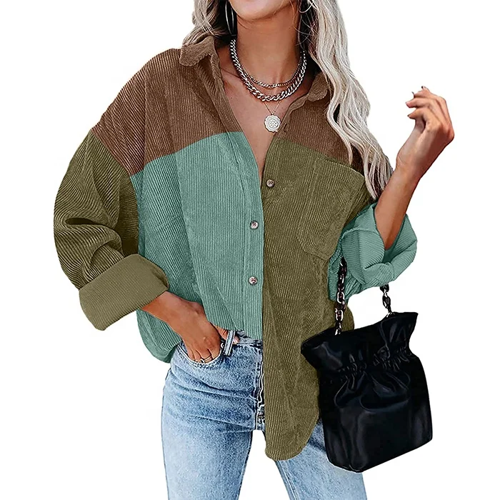 

Free Shipping New Arrival Turn-down Collar Long Sleeve Corduroy Coat Women Color Block Shirt Jacket, Accept customized color