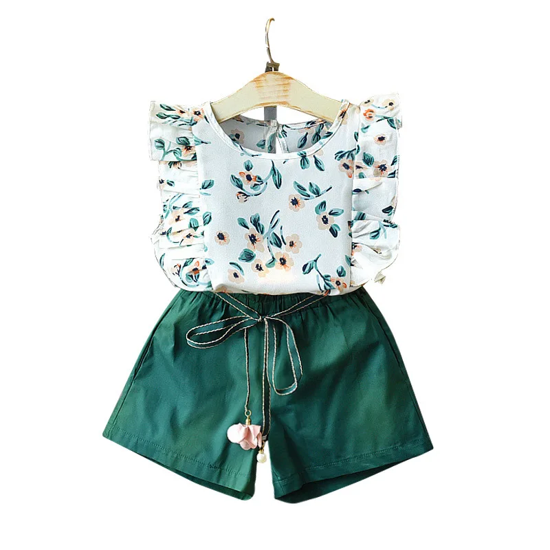 

Girls' Summer Fashion Casual Lace Print Top And Baby Girl Loose Solid Color Shorts 2 Piece Set, Green
