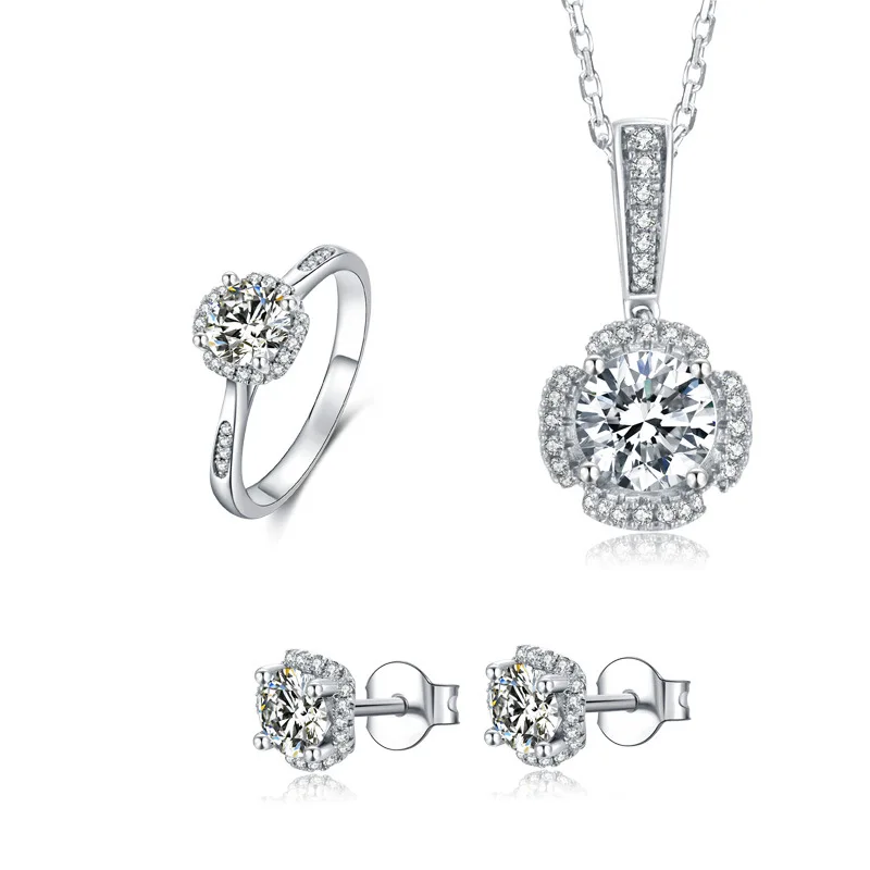 

Rhodium Plating Copper Moissan Diamond Moissanite Necklace Three-piece Earring Necklace Ring Set