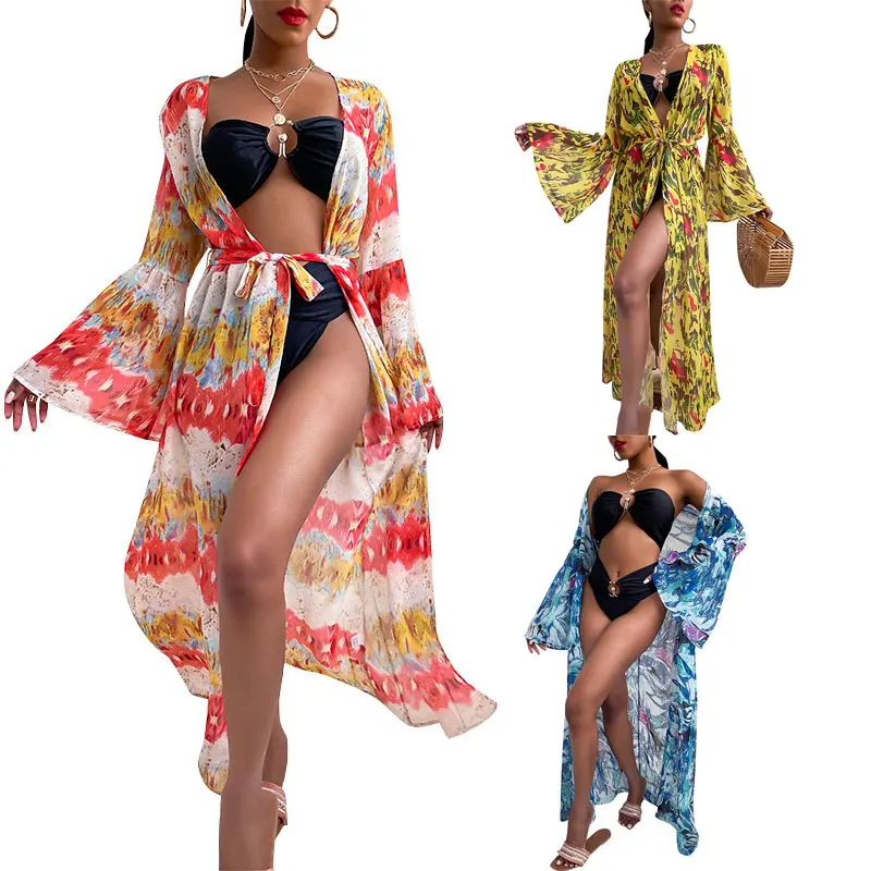 

10222-SW8 Summer chiffon printed holiday maxi long women's coats with belt sehe fashion, 4 colors