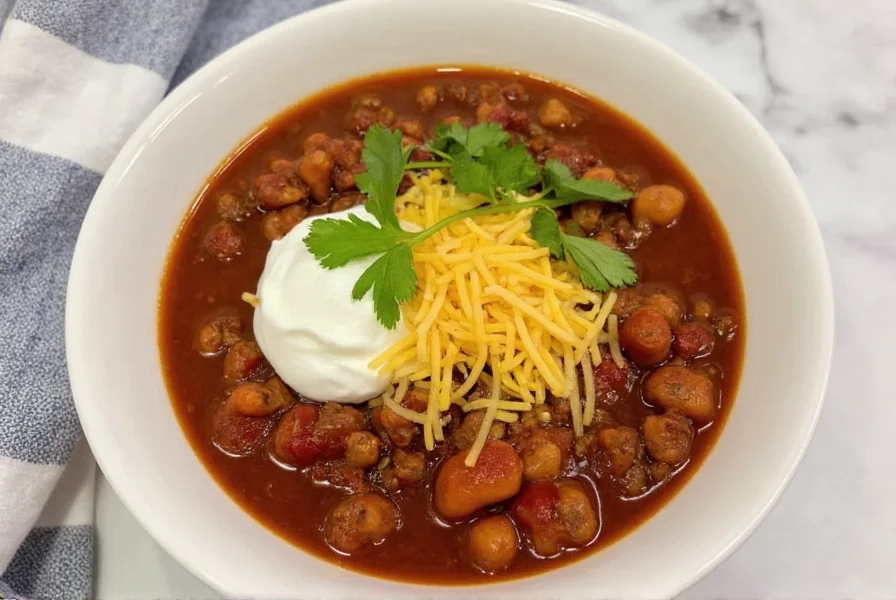 Finished 2 alarm chili served in a bowl with toppings including sour cream, shredded cheese, and fresh cilantro