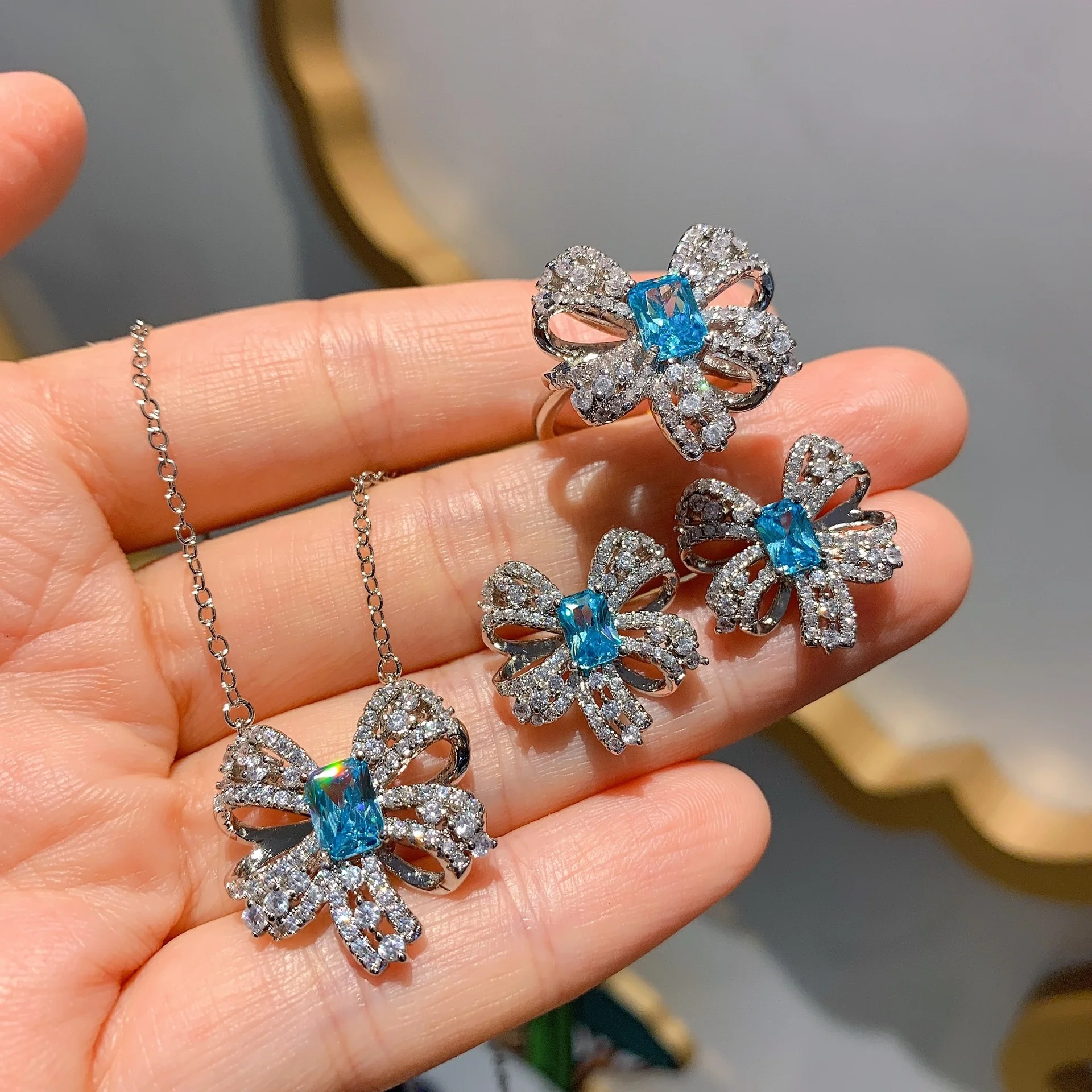 

New Fashion Gemstone Pendant Necklace Ring Earrings for Women Bowknot Wedding Party Jewelry Sets Gift, Customized color