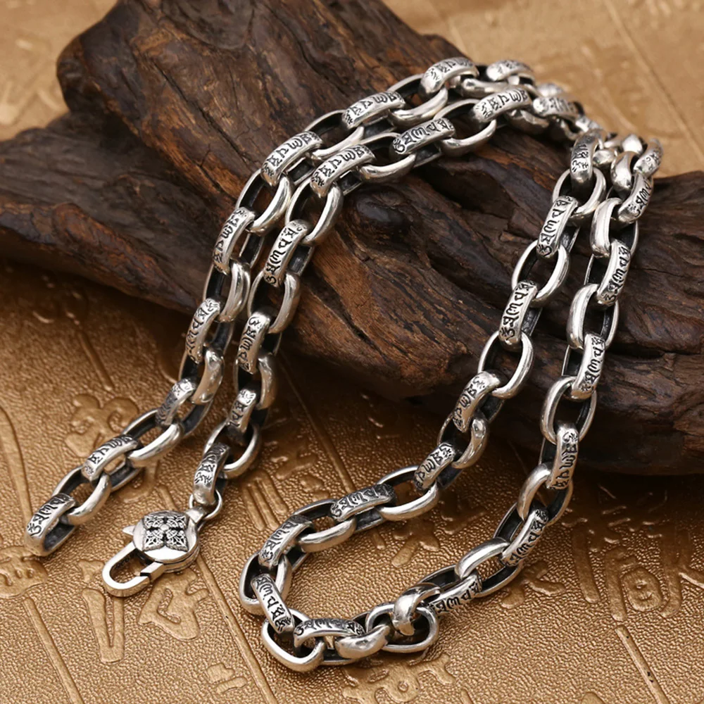 

925 Silver Mens Chain Necklace Six-Word Engraved Mantra Clasp Retro Fashion Punk Hiphop Rock Vajry Pestle Silver Chain