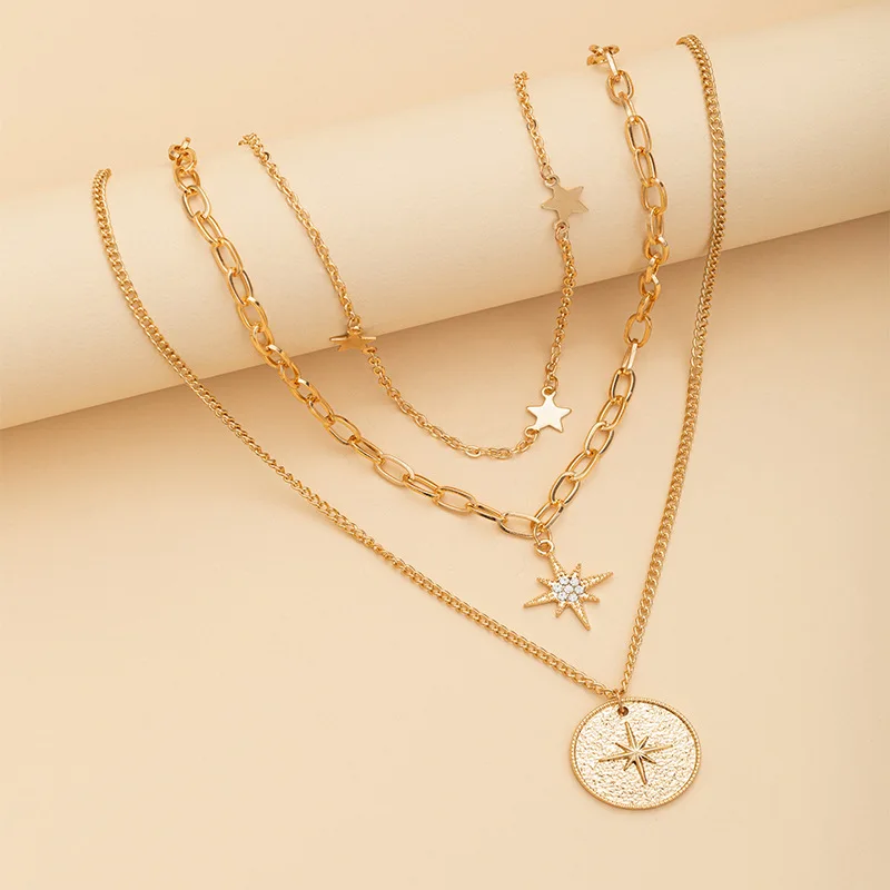 

Jewelry Fashionable joker set diamond six-pointed star disc five-pointed star pendant multilayer necklace, As picture show