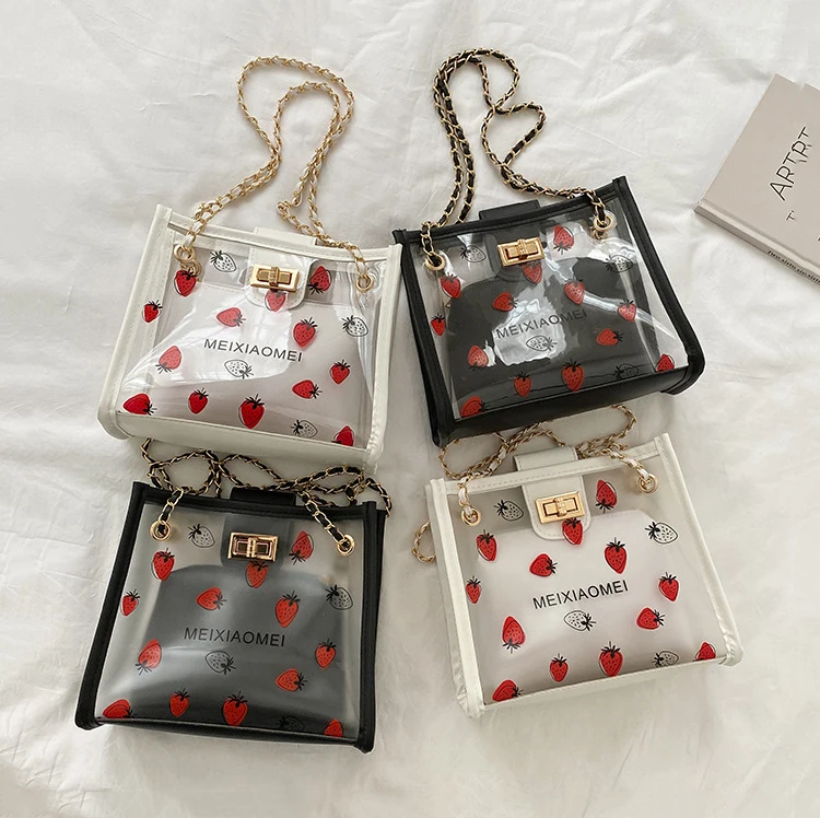 

2022 New Jelly Chain Bag Female Fashion Shoulder Bag Strawberry Transparent Picture Mother Armpit Bag, Transparent black, transparent white, matte black, matte white.