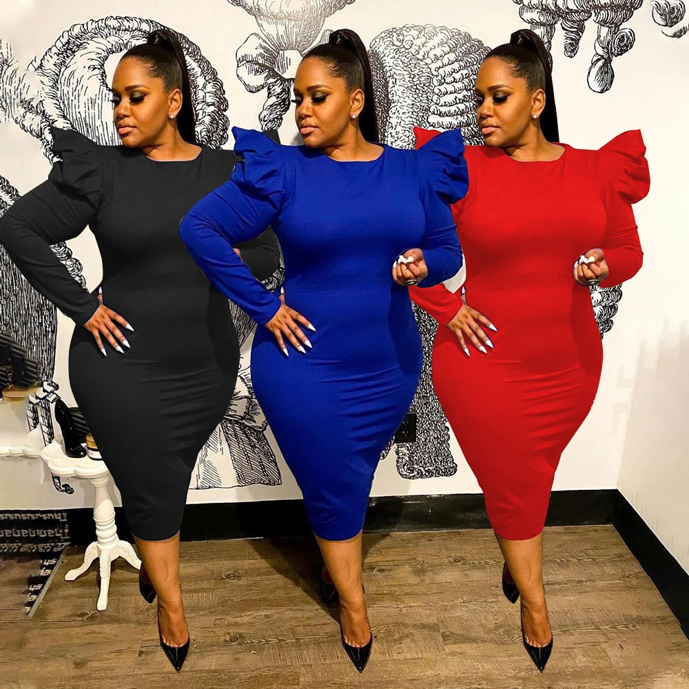 

MSL8012- Hot Sale Autumn Temperament Women's Zipper Sexy Slim Puff Sleeve Plus Size Dress