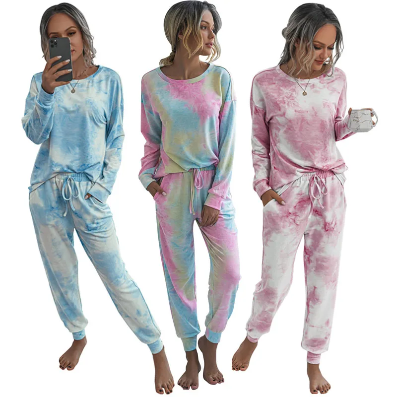 

Womens tie-dye printed yoga sports wear designs Cotton 2 piece Sets Jogger Track Suits fitness hoodies lady Casual clothes, Pure color