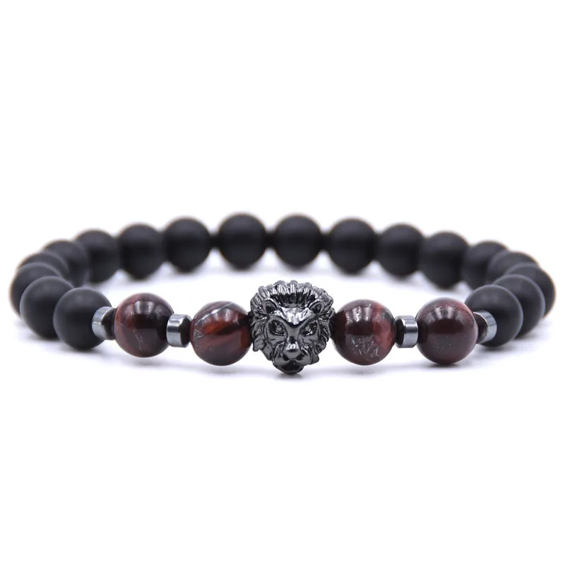 

Cool Design Mens Best Natural Agate Bracelet Black Metal Lion Charm Bracelet
