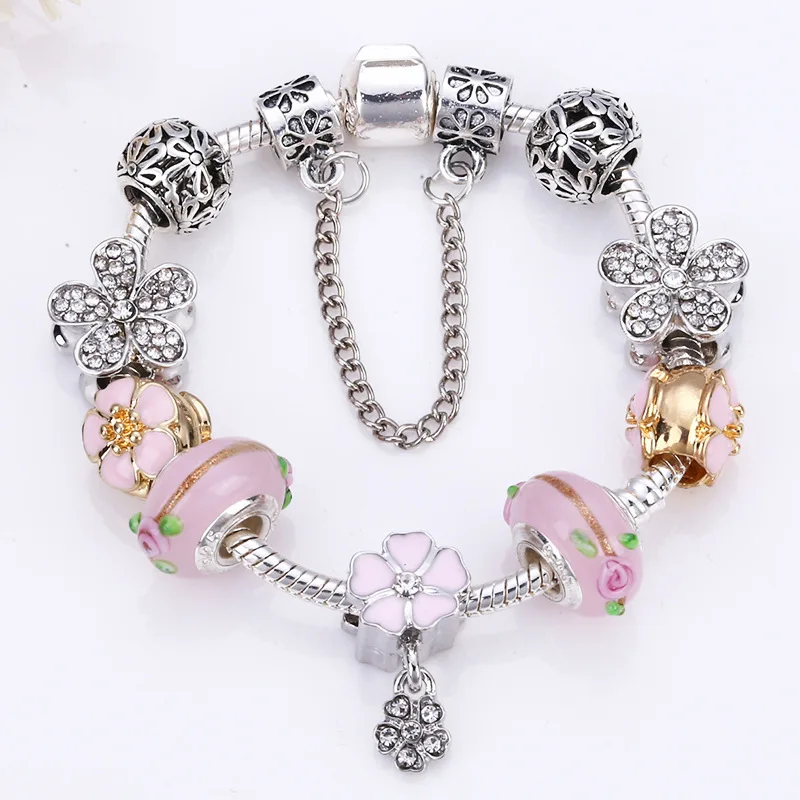 

DIY European Style Silver Plating Shining Crystal Flower Charm Bracelet Enamel Murano Beads Flower Charm Bracelet