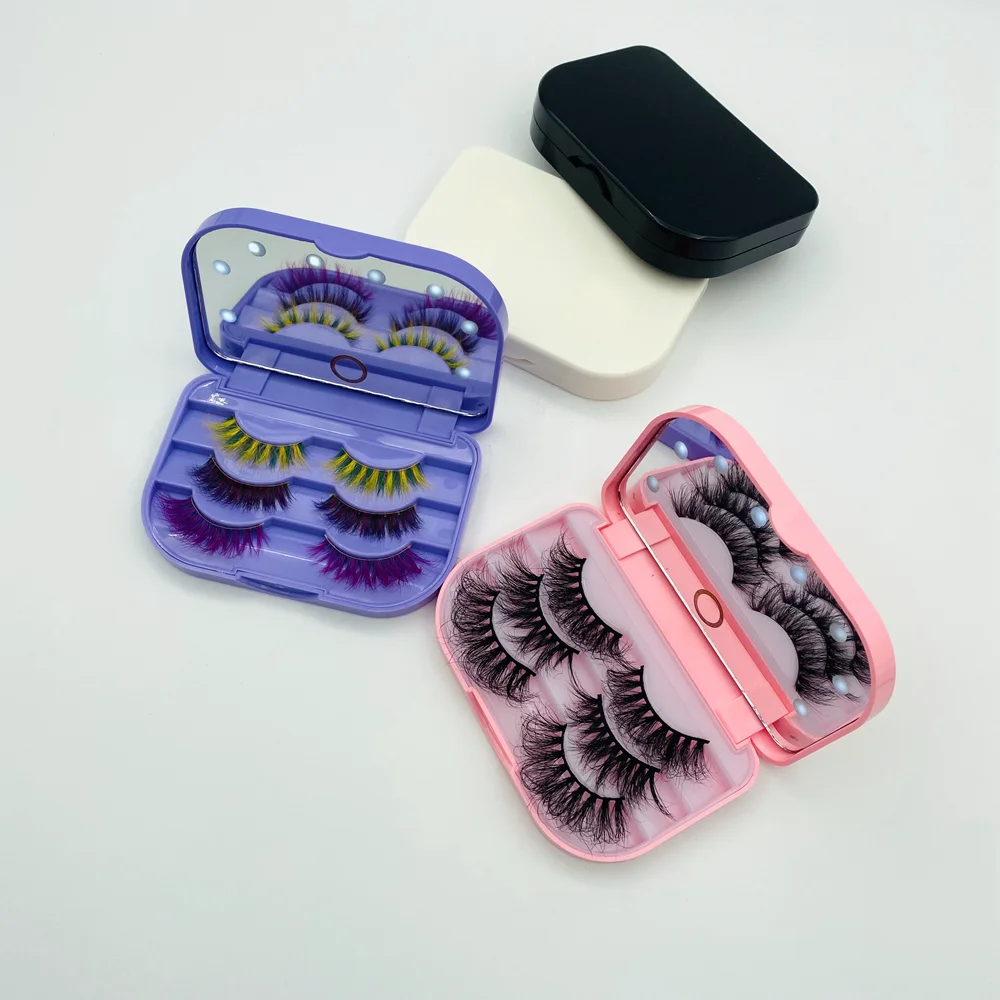 

Premium Custom Logo Lash Box 3 Pair Real Mink Eyelashes Packaging Storage Box Wholesale with Mirror, Natural black mink eyelashes