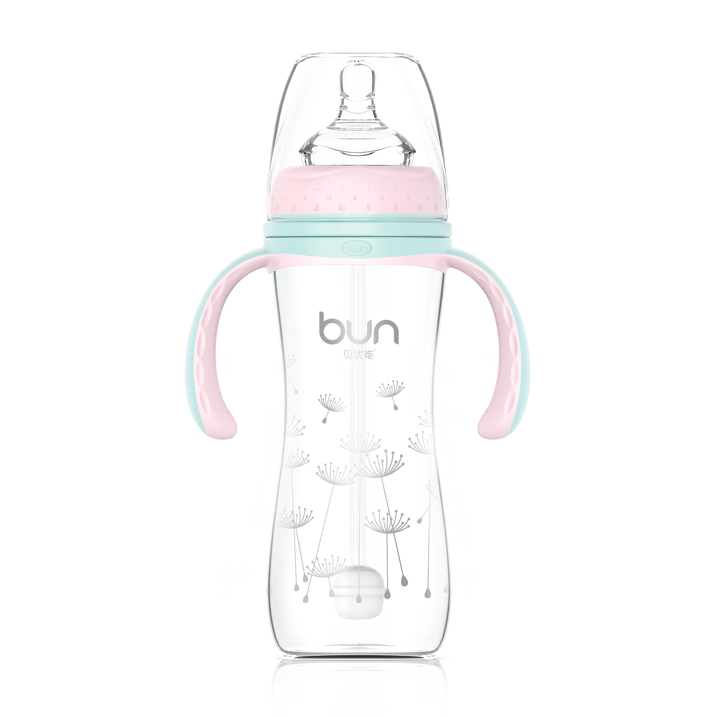 

BUN106 240ml wide mouth borosilicate glass straw baby feeding bottle with handle, Blue, pink, green