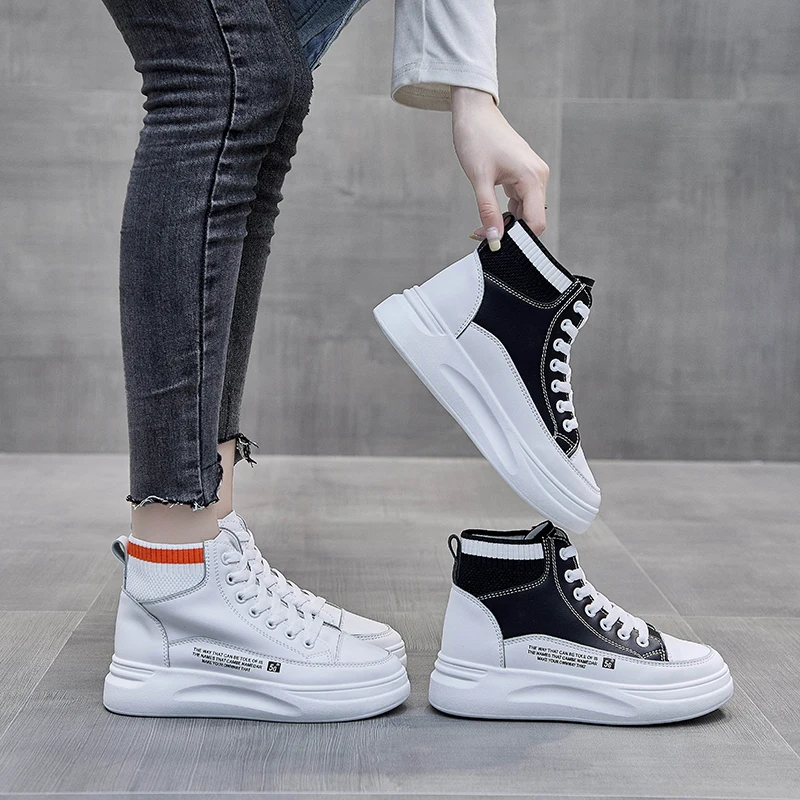 

High top casual shoes outdoor women walking shoes trendy wedge platform lady sneaker, White/black
