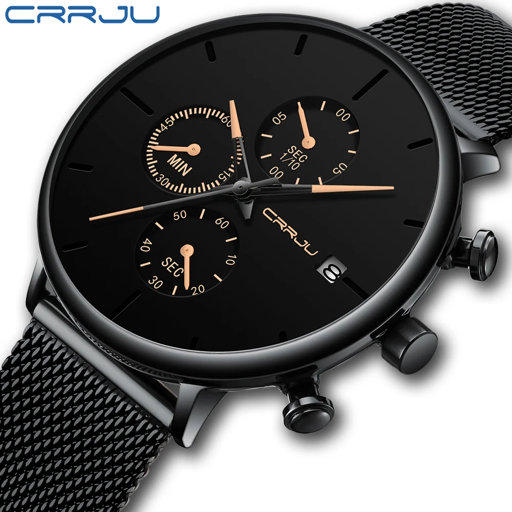 

CRRJU 2268 Men Classic Analog Quartz Wrist Watch Stainless Steel Mesh Strap Business Luxury Brand Men Watches, As picture