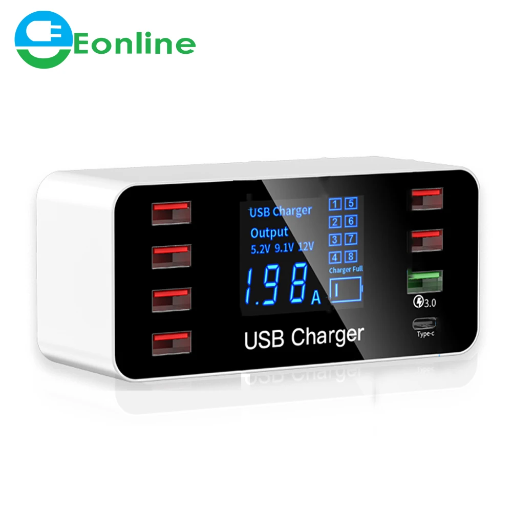 

Eonline 8 Port USB Type C Charger Smart LED Display Quick Charge 3.0 USB Fast Charging Adapter 40W with Smart IC Travel Charger