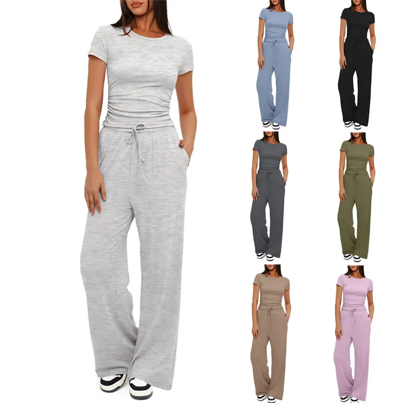 Casual Short Sleeve Crop Top & Trousers Lounge Set