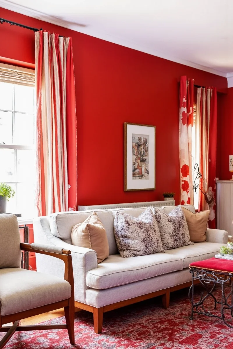 Living room with red walls and neutral couch